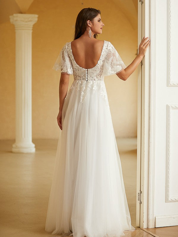 Wholesale A-Line/Princess Tulle Lace V-neck Short Sleeves Floor-Length Wedding Dresses